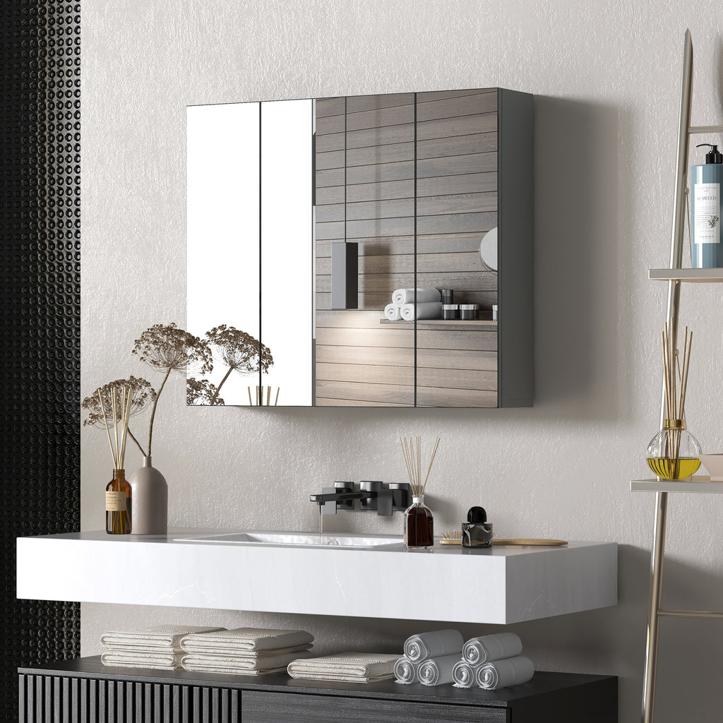 28" x 24" Wall Mounted Mirror Cabinet, Bathroom Medicine Cabinet with Mirror, 3 Doors and Adjustable Shelves, White