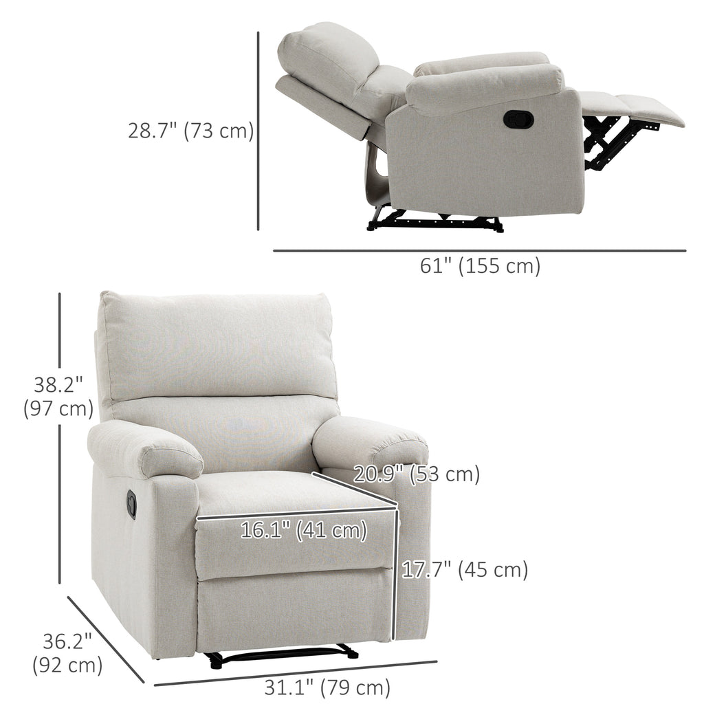 Recliner Chair, Manual Reclining Chair with Footrest, Padded Seat for Living Room, Bedroom, Study, Cream White