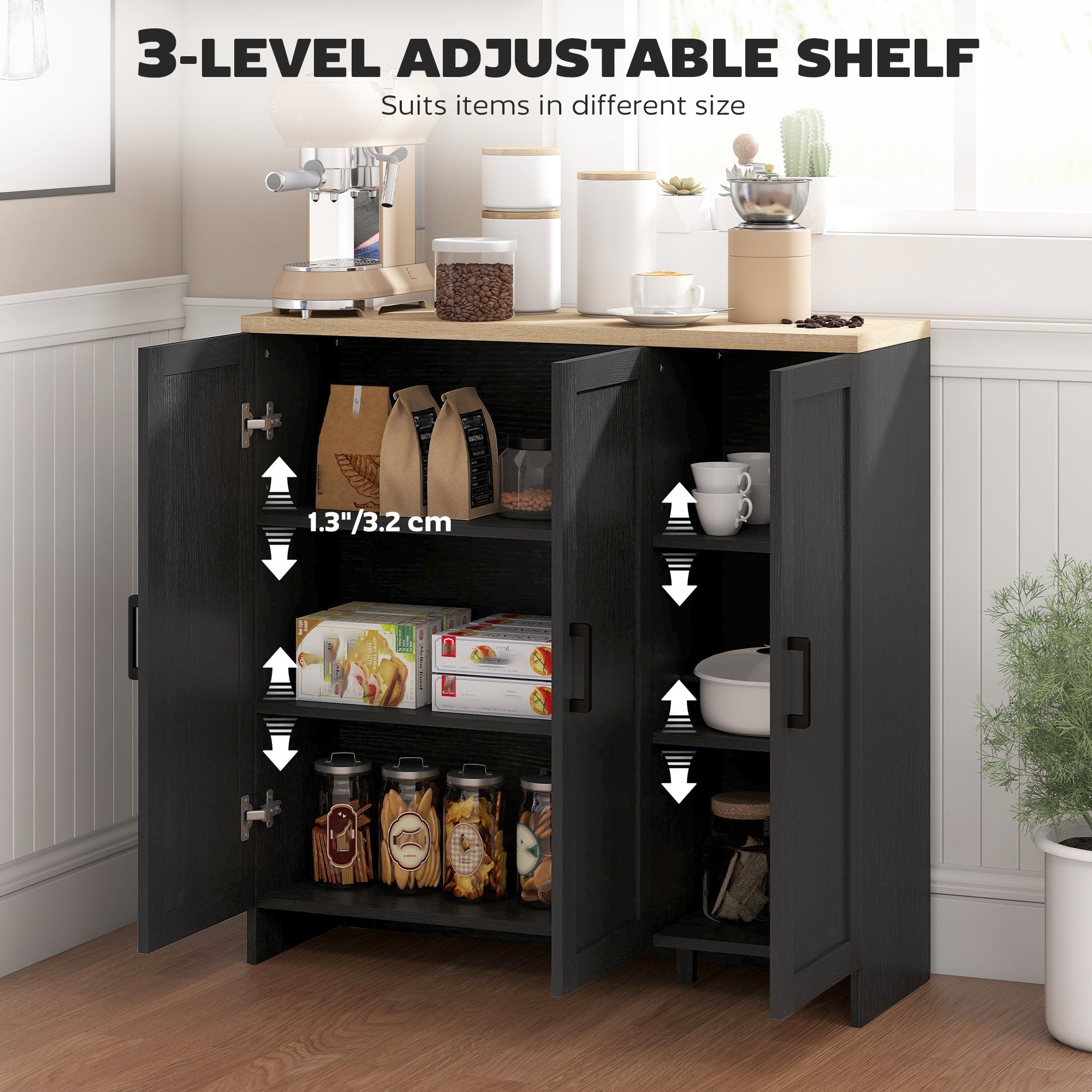 Modern Sideboard Buffet Cabinet, Modern Kitchen Storage Cabinet with 3 Doors Adjustable Shelves, for Dining Room, Black