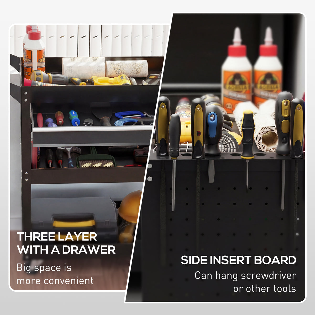 Tool Cart on Wheels, Utility Cart with Wheels, Ball Bearing Drawer, Storage Trays for Garage, Warehouse, Black