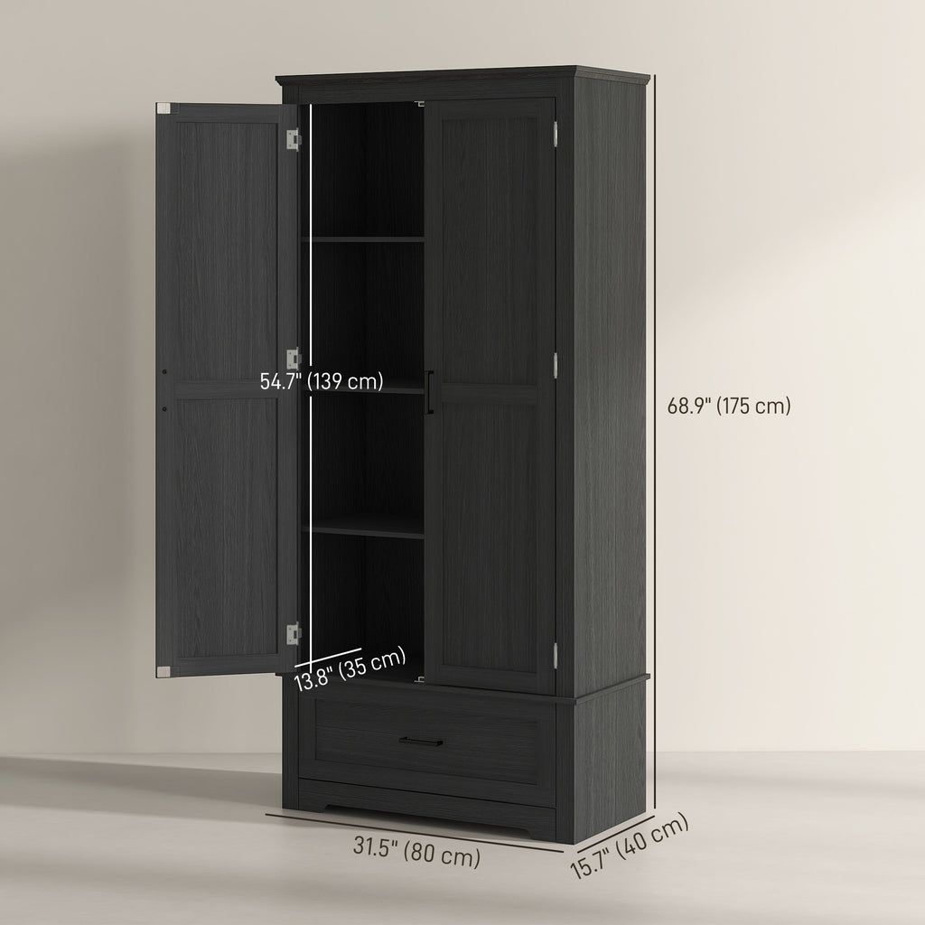 69" Tall Farmhouse Kitchen Pantry Cabinet with 2 Doors, Drawer and Adjustable Shelves, Black Wood Grain