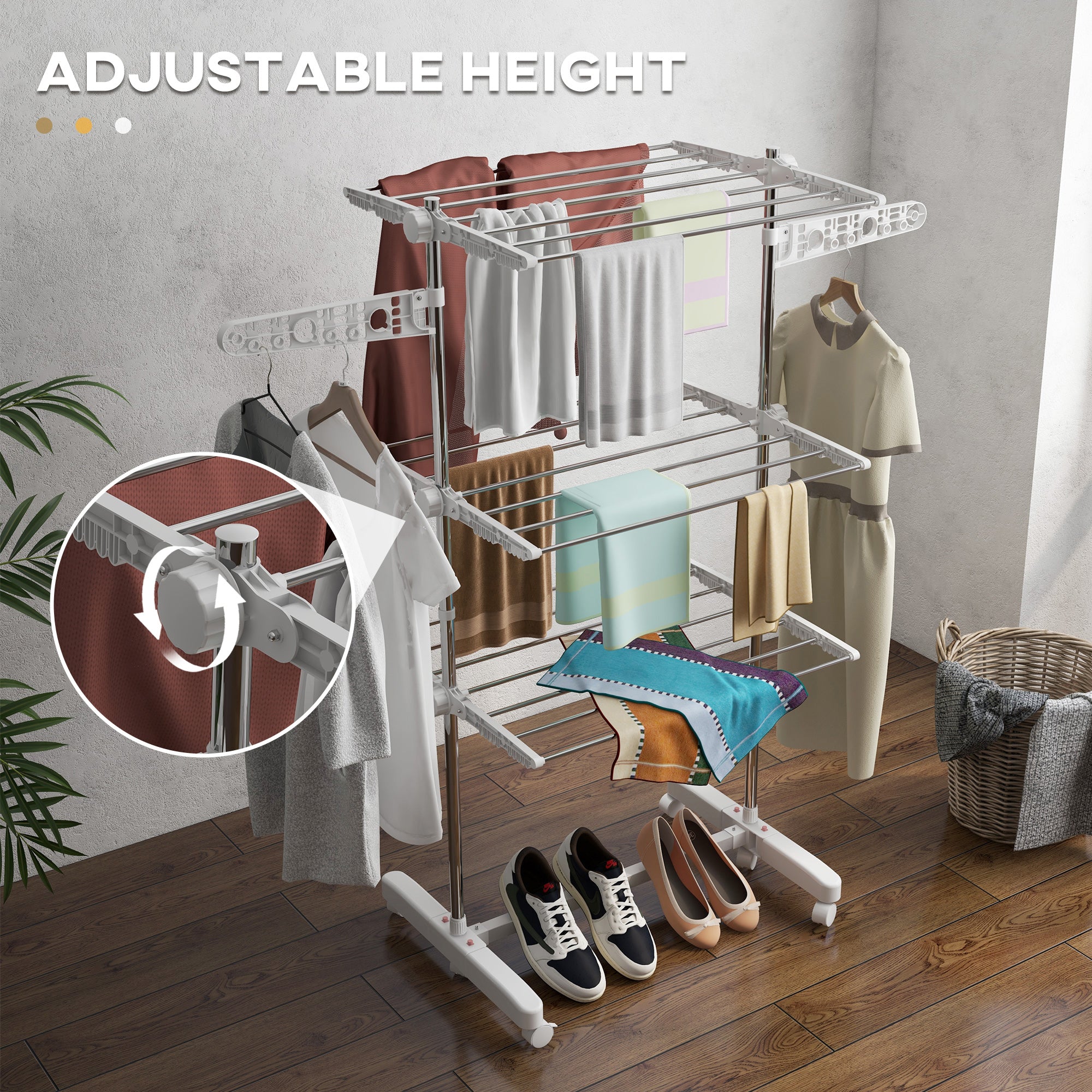 3-Tier Foldable Clothes Drying Rack, Stainless Steel Laundry Rack with 2 Side Wings and 6 Castors, Collapsible Adjustable Clothes Airer for Indoor Outdoor, White