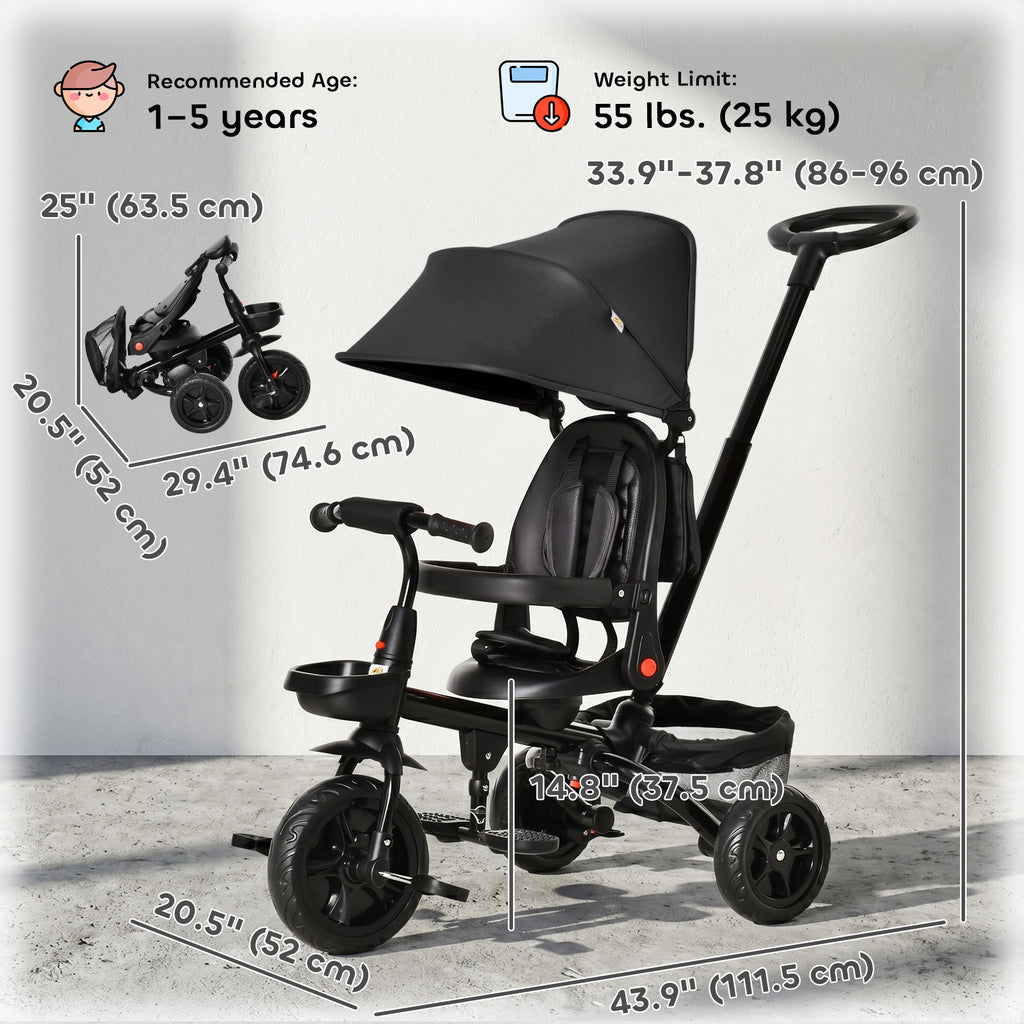 Qaba Tricycle for Toddler 5 in 1 Kids Trike, Foldable Converts Stroller to Toddler Bike, Adjustable Backrest & Curved Canopy, Detachable Guardrail & Handle for 1-5 Years Old, Black