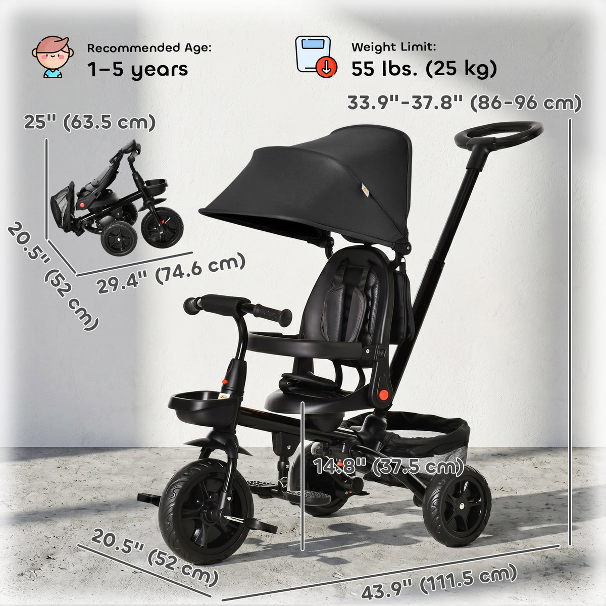 Qaba Tricycle for Toddler 5 in 1 Kids Trike, Foldable Converts Stroller to Toddler Bike, Adjustable Backrest & Curved Canopy, Detachable Guardrail & Handle for 1-5 Years Old, Black