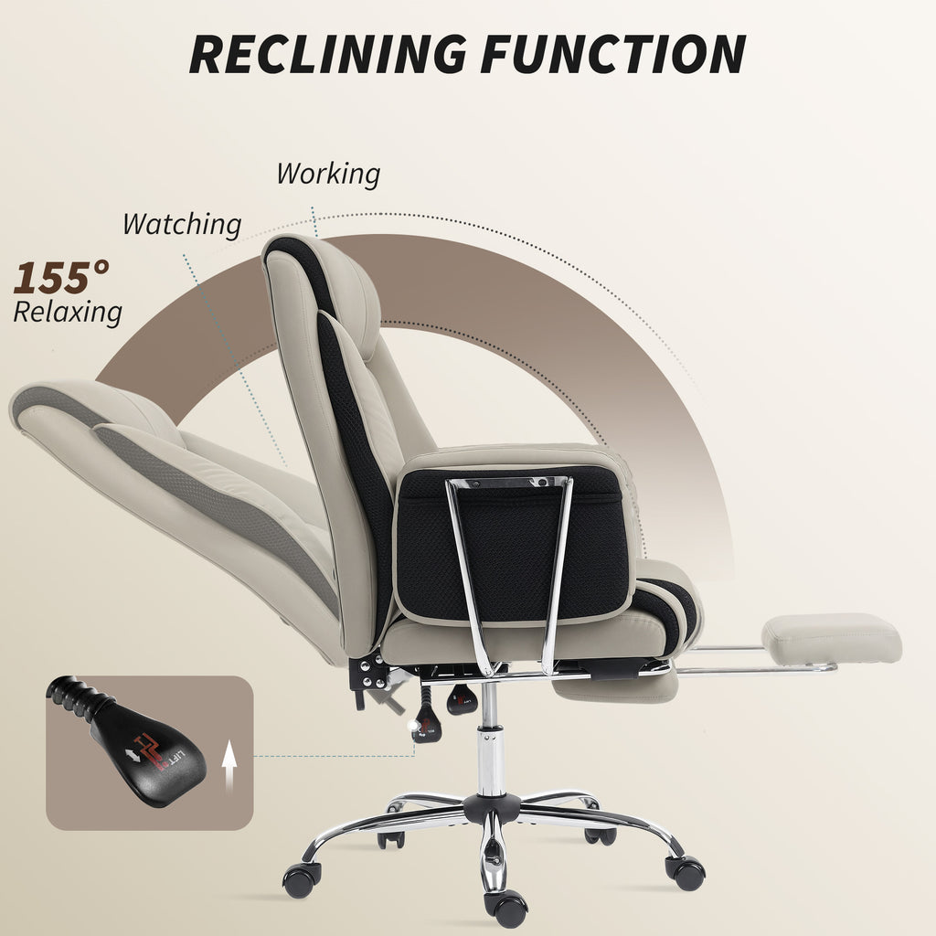 Reclining Office Chair, Overstuffed Executive Desk Chair with High Back, PU Leather, Footrest, Swivel Wheels, Black