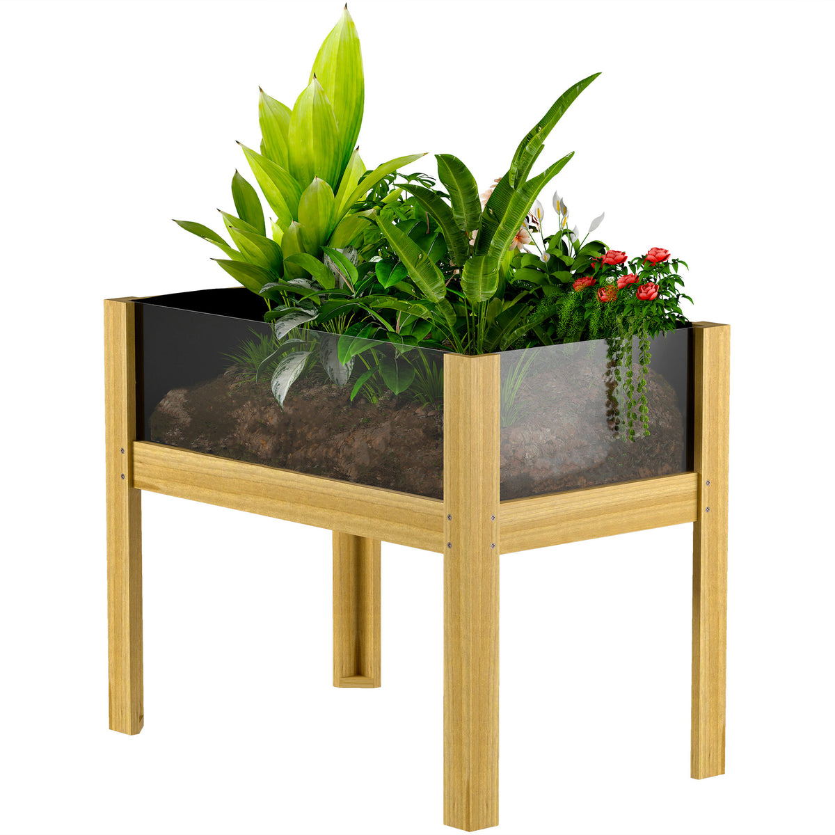 Wooden Raised Garden Bed with Acrylic Panels, Raised Planter Box with Drainage Holes, 43.3" x 19.7" x 31.5"