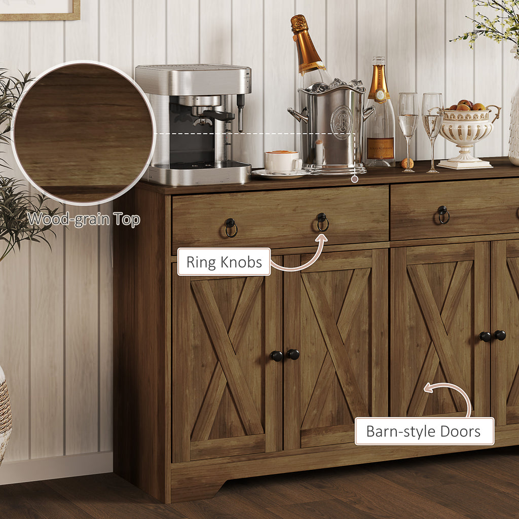 Sideboard Cabinet with 2 Drawers, 4 Barn Doors and 2 Adjustable Shelves, Buffet Table for Living Room, Light Brown