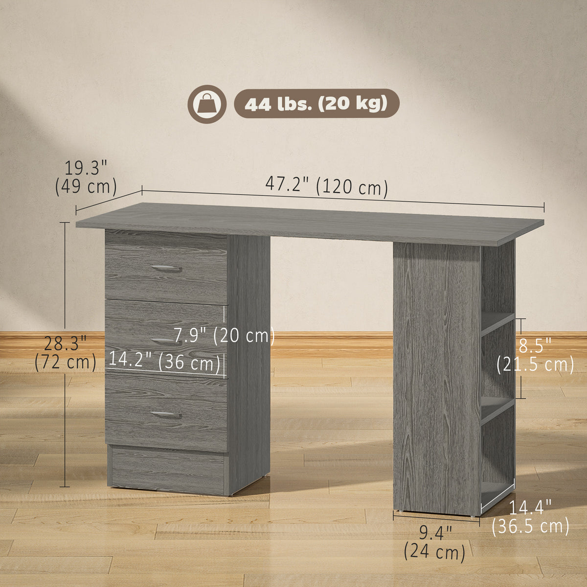 Computer Desk, 47" Writing Table with 3-Tier Shelves and 3 Reversible Drawers for Home Office, Bedroom, White