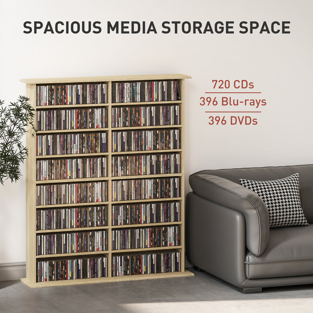 8-Tier DVD Shelf with 12 Adjustable Shelves, Double CD Shelf, Holds 720 CDs, 396 DVDs or 396 Blu-rays, Natural Wood