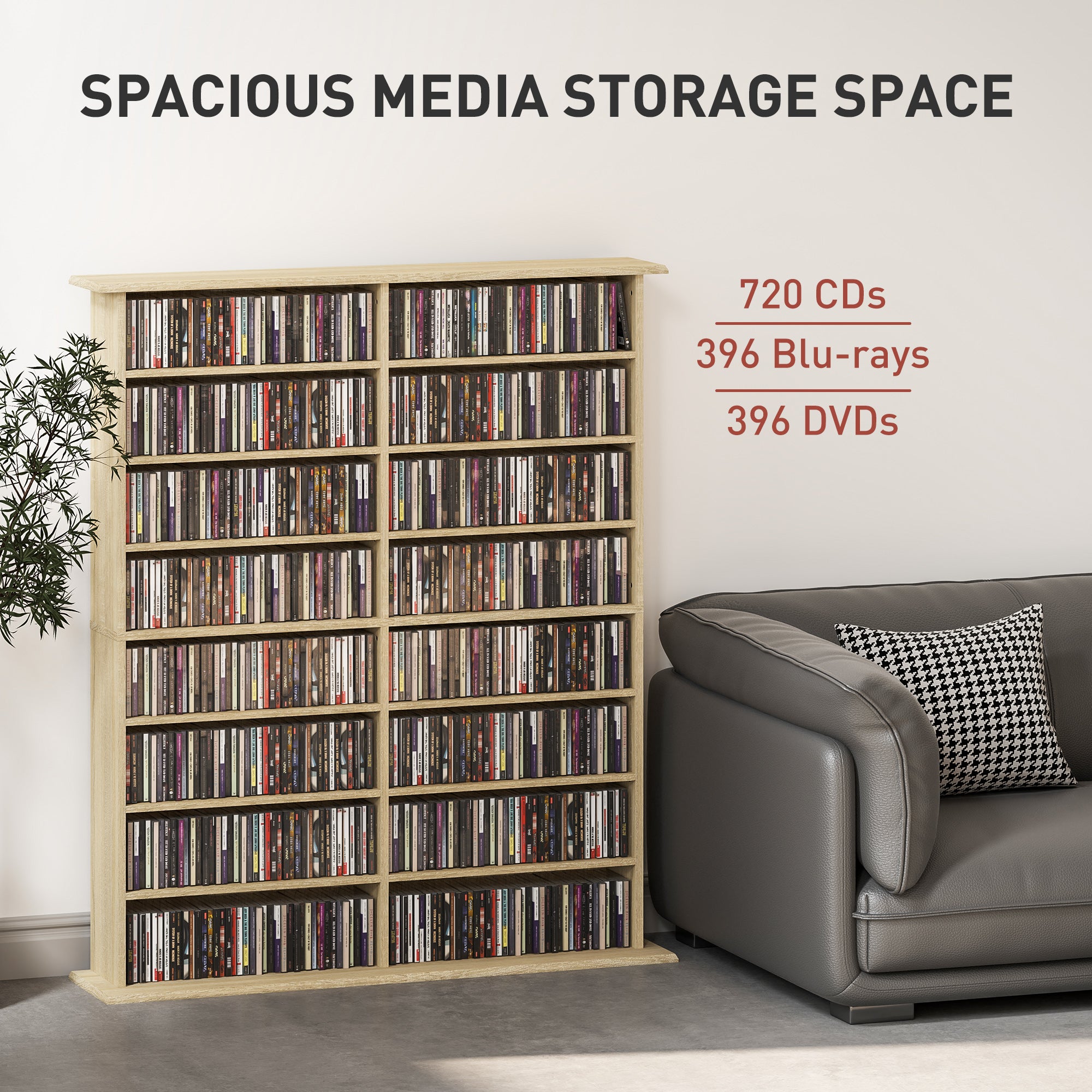 8-Tier DVD Shelf with 12 Adjustable Shelves, Double CD Shelf, Holds 720 CDs, 396 DVDs or 396 Blu-rays, Natural Wood