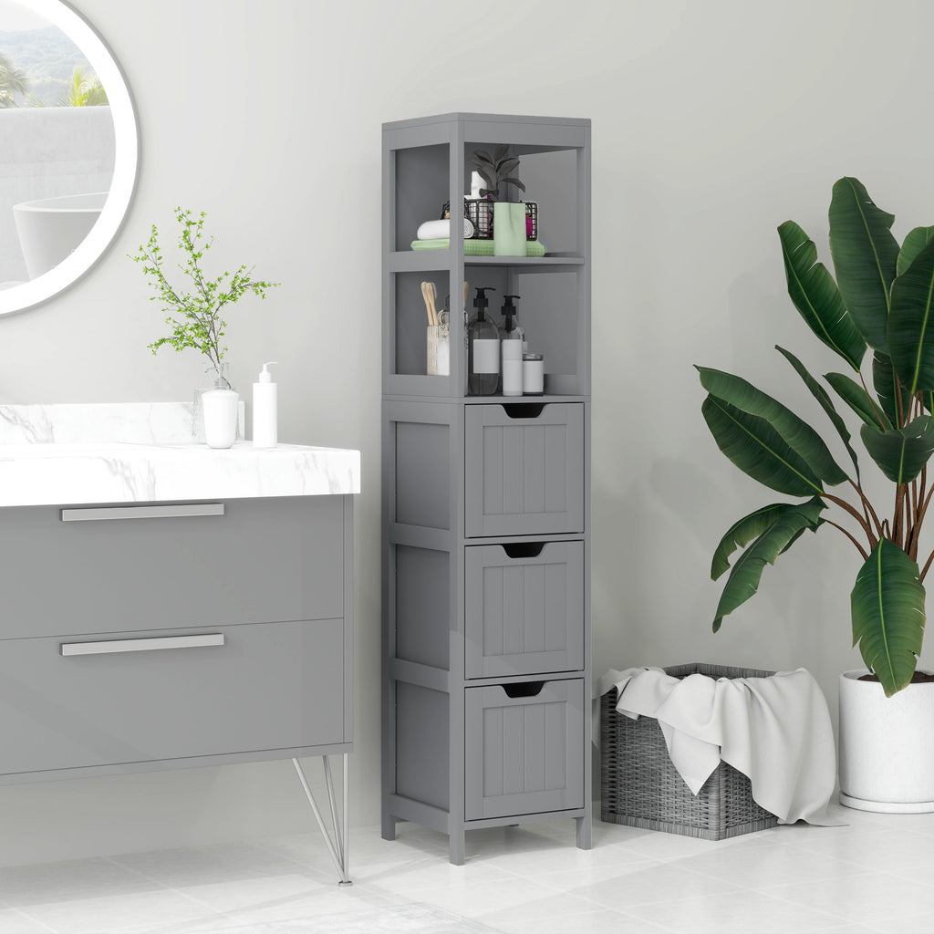 Narrow Bathroom Cabinet with 3 Drawers and 2 Tier Shelf, Tall Cupboard Freestanding Linen Tower, White