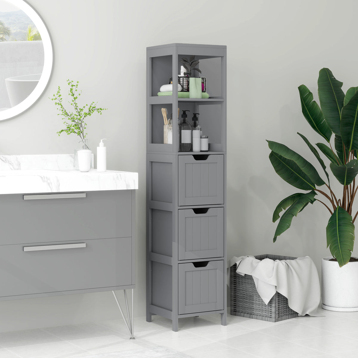 Narrow Bathroom Cabinet with 3 Drawers and 2 Tier Shelf, Tall Cupboard Freestanding Linen Tower, White