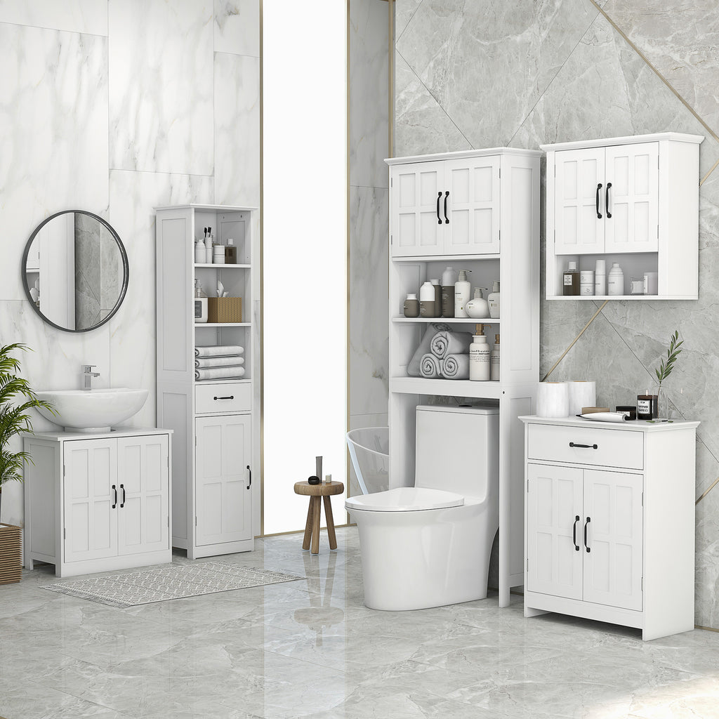 Modern Bathroom Cabinet, Narrow Bathroom Vanities with 3 Open Shelves, Drawer and Adjustable Shelf, White