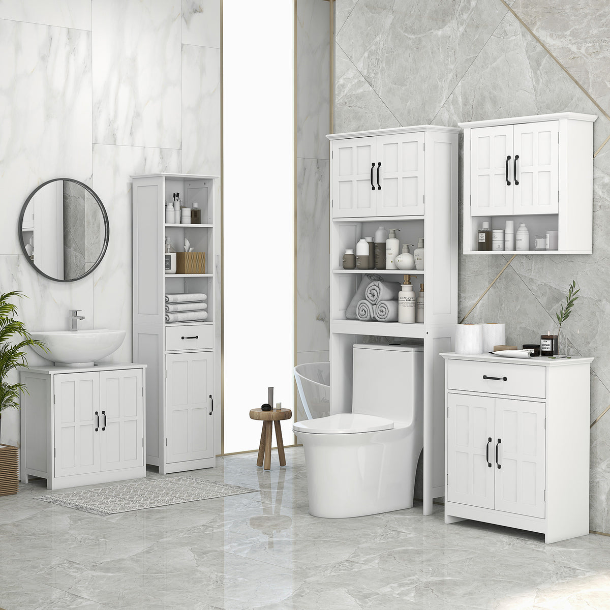Modern Bathroom Cabinet, Narrow Bathroom Vanities with 3 Open Shelves, Drawer and Adjustable Shelf, White