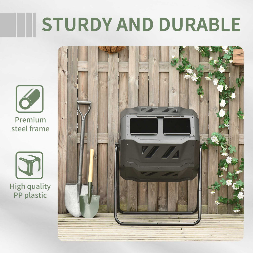 Tumbling Compost Bin Outdoor Dual Chamber 360° Rotating Composter 43 Gallon w/ Sliding Doors & Solid Steel Frame, Green