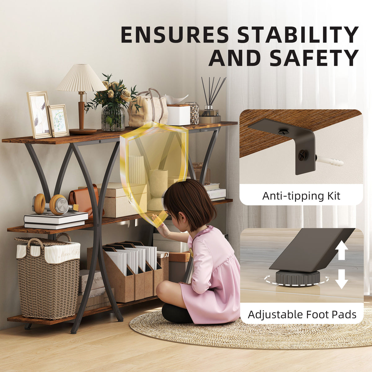 71" Console Table, 3-Tier Industrial Entryway Table with 2 Storage Shelves for Living Room, Hallway, Rustic Brown
