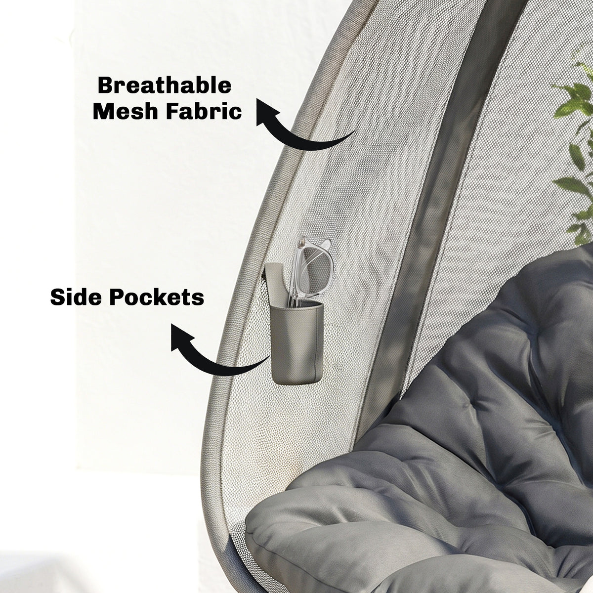 Hanging Egg Chair, Outdoor Indoor Swing Chair with Stand, Folding Basket and Thickened Cushion, Grey
