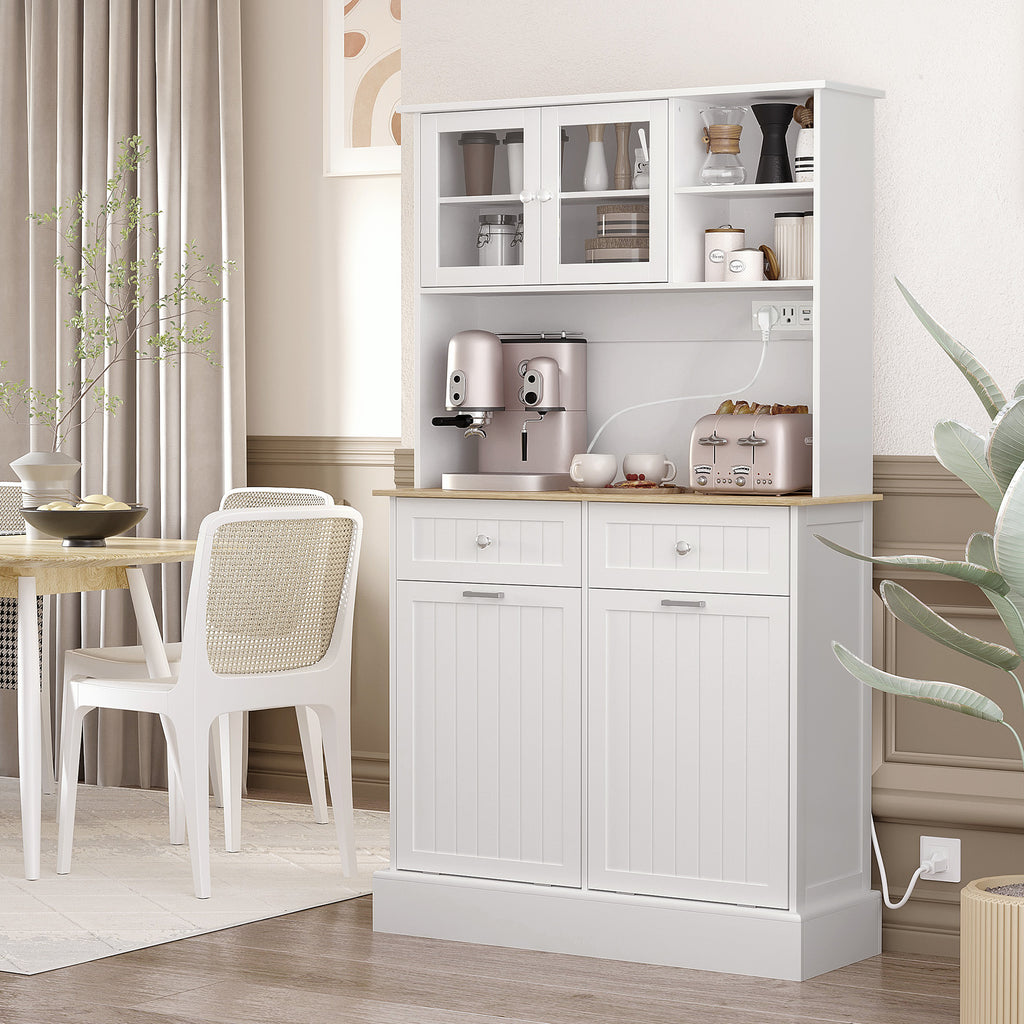 Kitchen Cabinet with Charging Station, 2 Tilt Out Cabinets, Microwave Stand, Freestanding Kitchen Pantry Cabinet, White