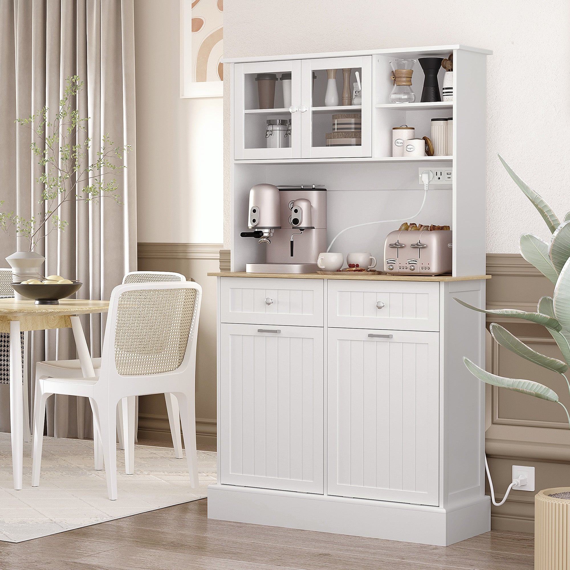 Kitchen Cabinet with Charging Station, 2 Tilt Out Cabinets, Microwave Stand, Freestanding Kitchen Pantry Cabinet, White