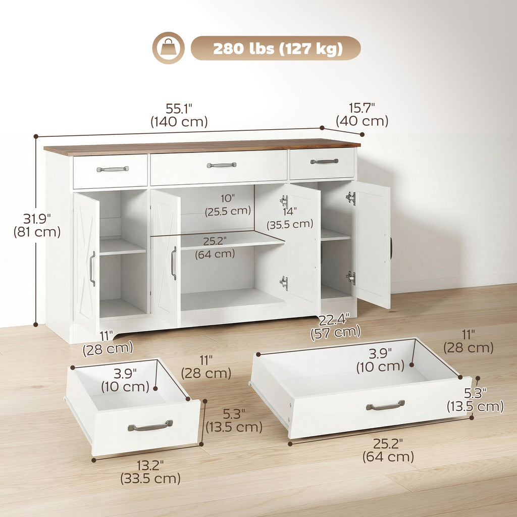 Sideboard Buffet Cabinet, 55" Farmhouse Kitchen Cabinet with 4 Barn Doors, 3 Drawers, 3 Adjustable Shelves, White