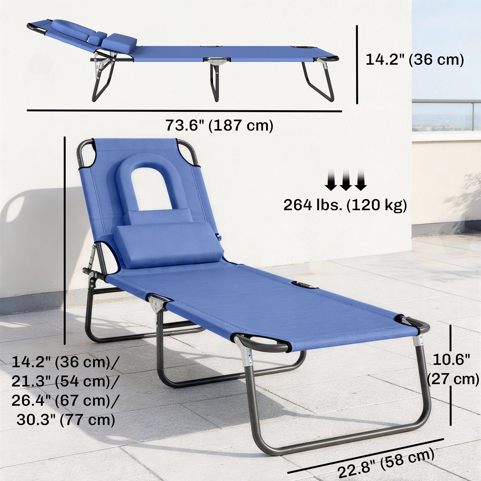 Folding Chaise Lounge Chair, Reclining Beach Tanning Chair with Face Hole, Pillow, 4-Position Adjustable Lay Flat Sun Lounger, Steel Frame for Outdoor Patio Pool, Red