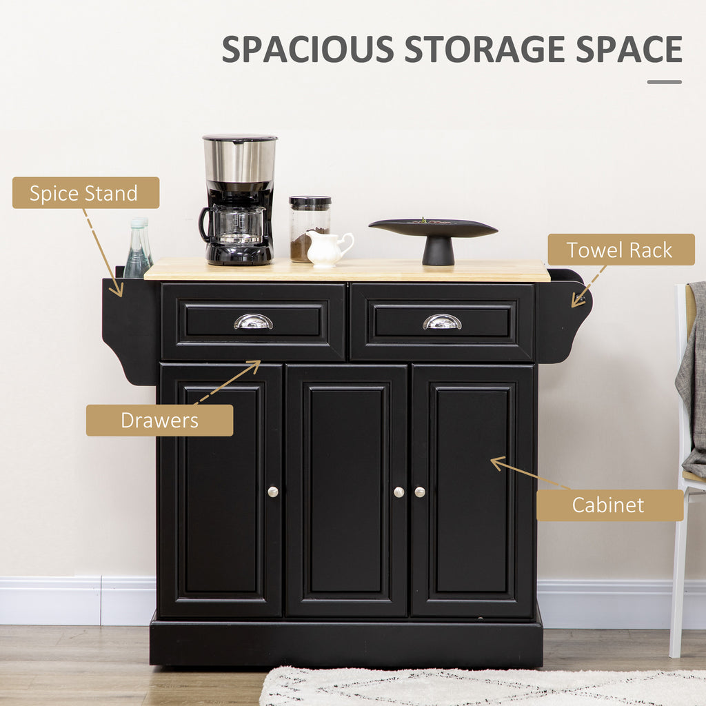 Kitchen Island with Storage Rolling Kitchen Serving Cart with Rubber Wood Top Towel Rack Storage Drawer Cabinet, Black