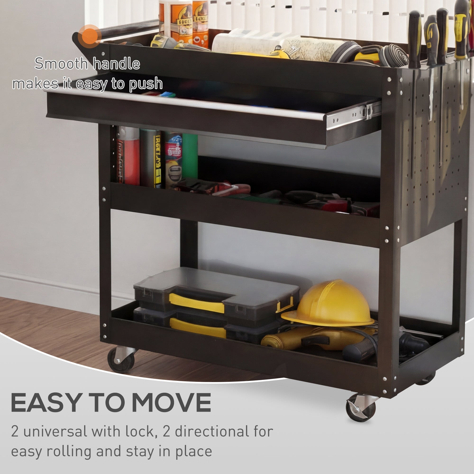Tool Cart on Wheels, Utility Cart with Wheels, Ball Bearing Drawer, Storage Trays for Garage, Warehouse, Black