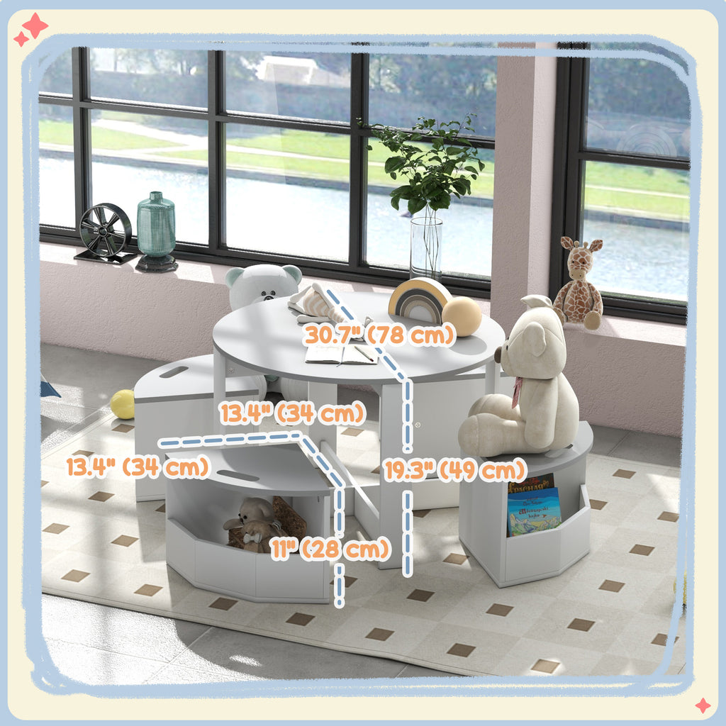 Qaba 5 Piece Kids Table and Chair Set with Storage for Kids Room, Grey