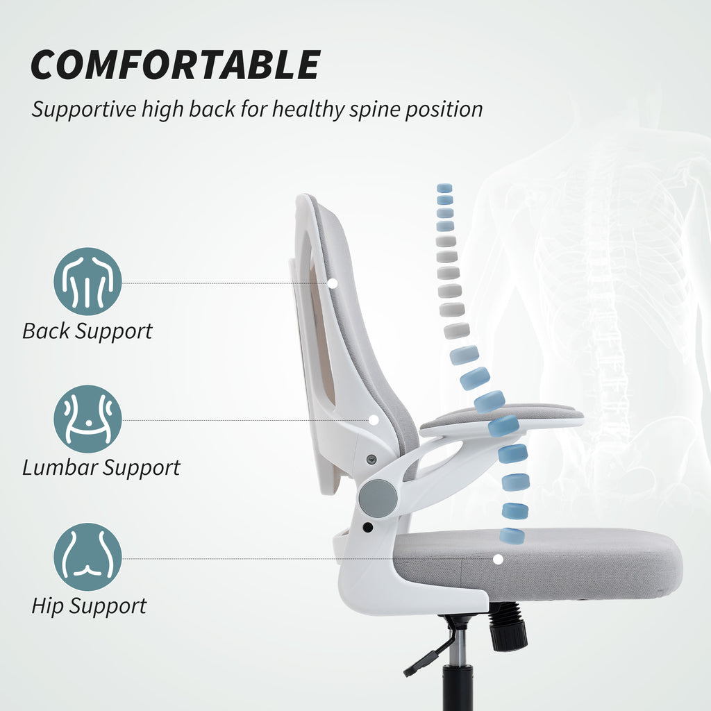 Ergonomic Office Chair, Swivel Desk Chair with Adjustable Lumbar Support and Height, Flip-up Armrests, Wheels, Grey