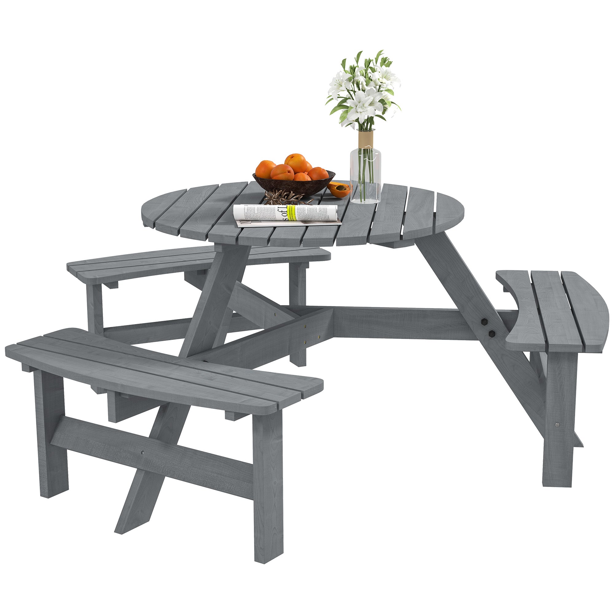 6 Person Round Picnic Table Bench Set with Umbrella Hole, Wood Patio Table with 3 Built-in Benches for Garden, Deck, Backyard, Brown