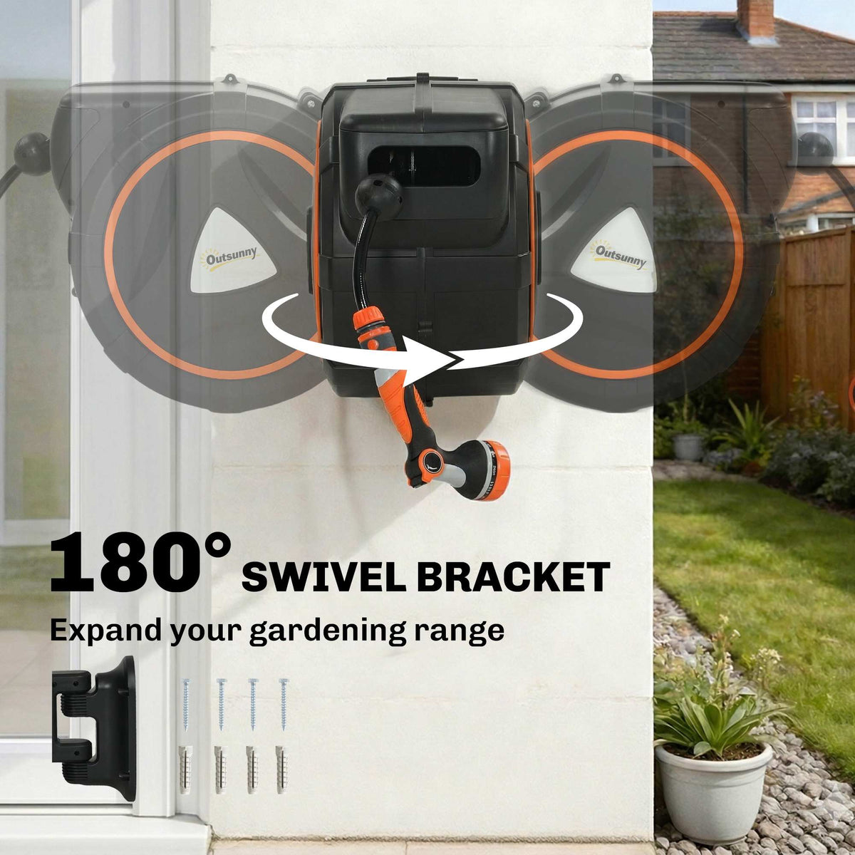 Retractable Garden Hose Reel, 1/2" x 59ft Wall Mounted Hose Reel with 12-Pattern Nozzles, Auto Retraction, Self-Locking