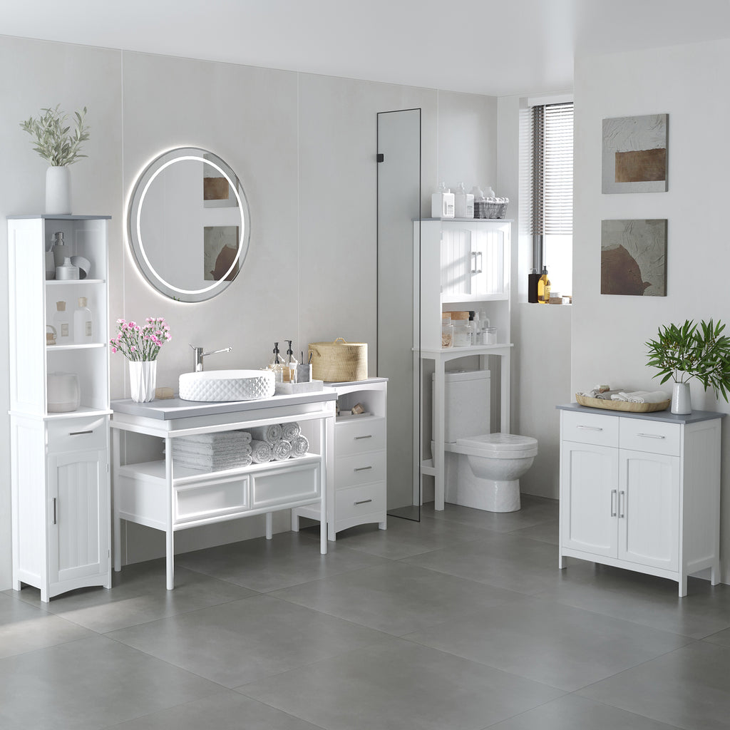 Small Bathroom Storage Cabinet, Floor Cabinet with 3 Drawers and Open Component, Narrow Bathroom Cabinet, White