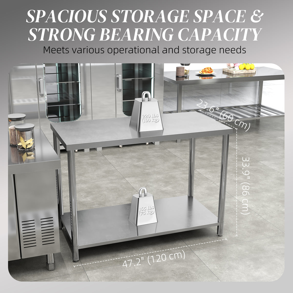 ስታይንሌስ ስቲል ስራሕ ጣውላ፡ 35 x 24 x 34 ኢንች፡ ብርቱዕ ስራሕ ዝበሃል ጣውላ ምስ መደርደሪ፡ ንኽሽና ንጋራዥ ዝጠቅም ስራሕ ጣውላ