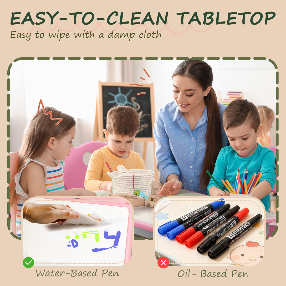 Qaba Kids Table and Chair Set with 4 Chairs, Adjustable Height, Easy to Clean, for 1.5 - 8 Years Old, Pink