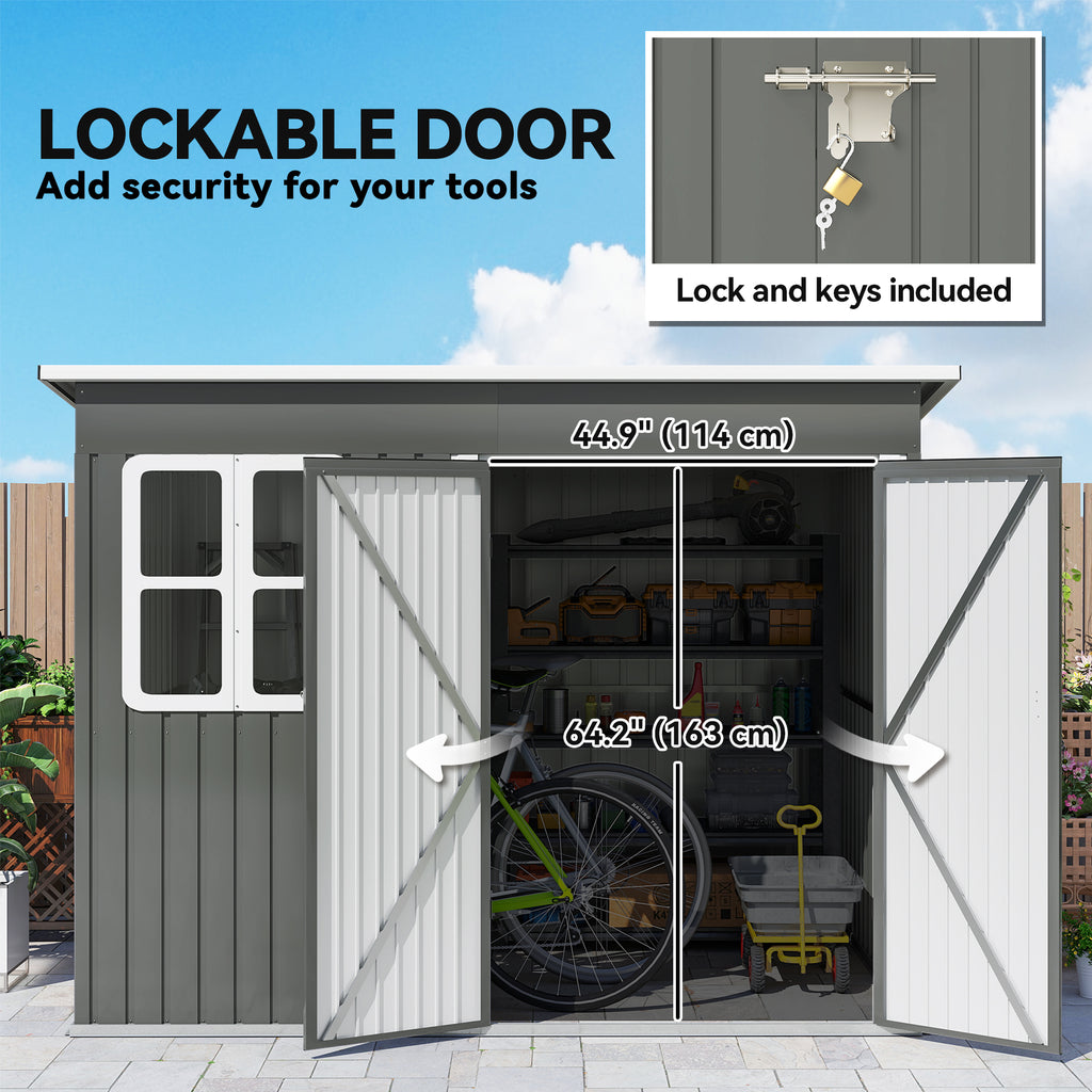 8.5' x 6' Galvanised Steel Outdoor Storage Shed, Garden Shed with Window, Lockable Wide Doors and Air Vents, Grey