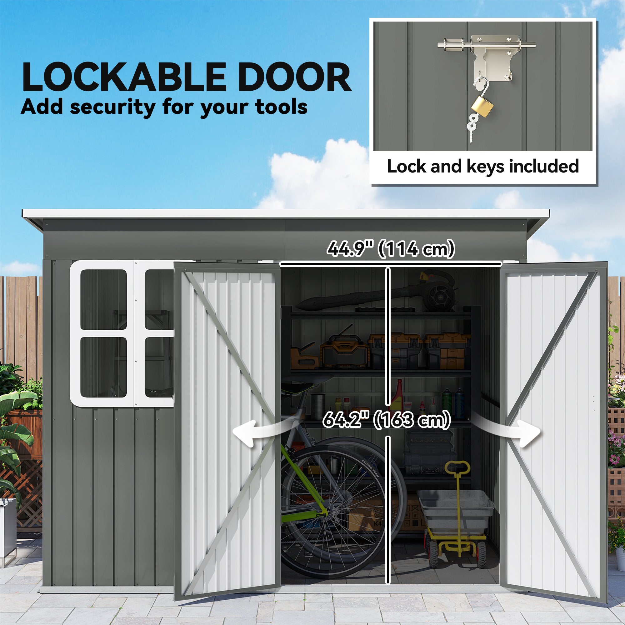 8.5' x 6' Galvanised Steel Outdoor Storage Shed, Garden Shed with Window, Lockable Wide Doors and Air Vents, Grey