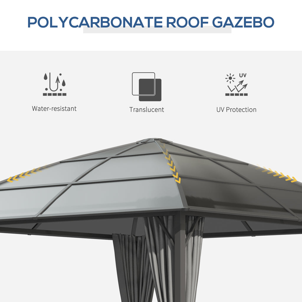 10' x 10' Hardtop Gazebo, Outdoor Gazebo Canopy with UV60+ Polycarbonate Roof, Curtains, Central Hook and Steel Frame for Garden, Lawn, Backyard, Deck, Dark Grey