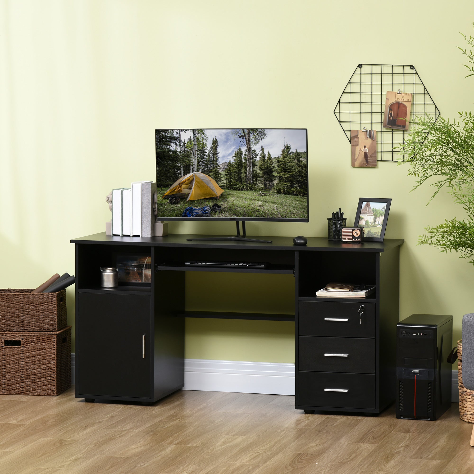 57" Computer Desk with Drawers, Home Office Desk with Keyboard Tray, Open Shelves and Lockable Drawer, Writing Workstation for Study, Black