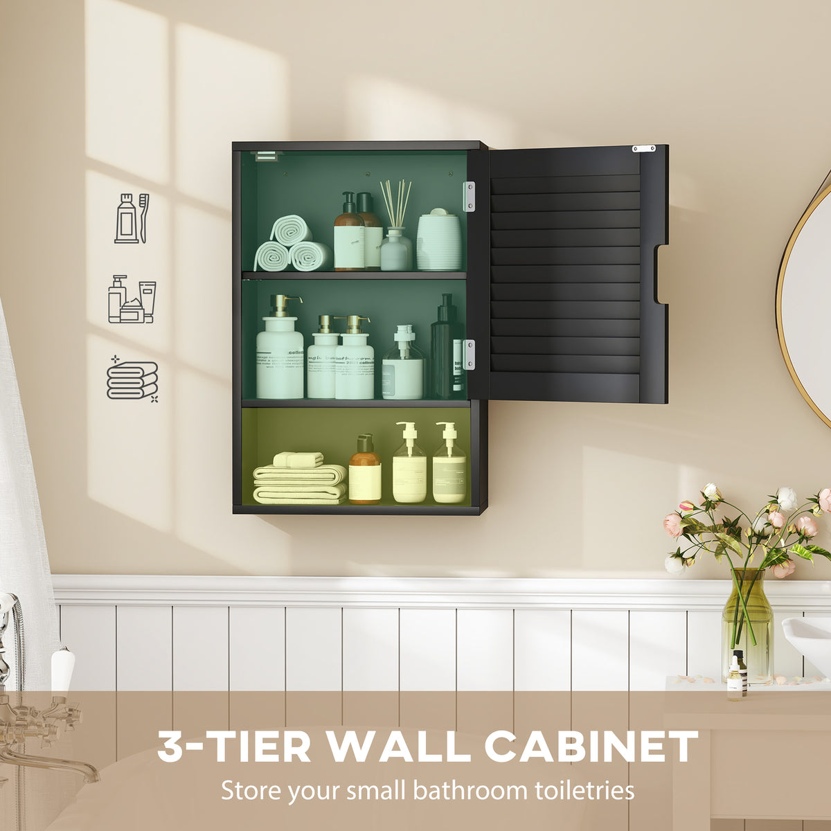Bathroom Cabinet, Wall Mounted Storage Cabinet with Adjustable Shelves, 40 x 20 x 60 cm, Black