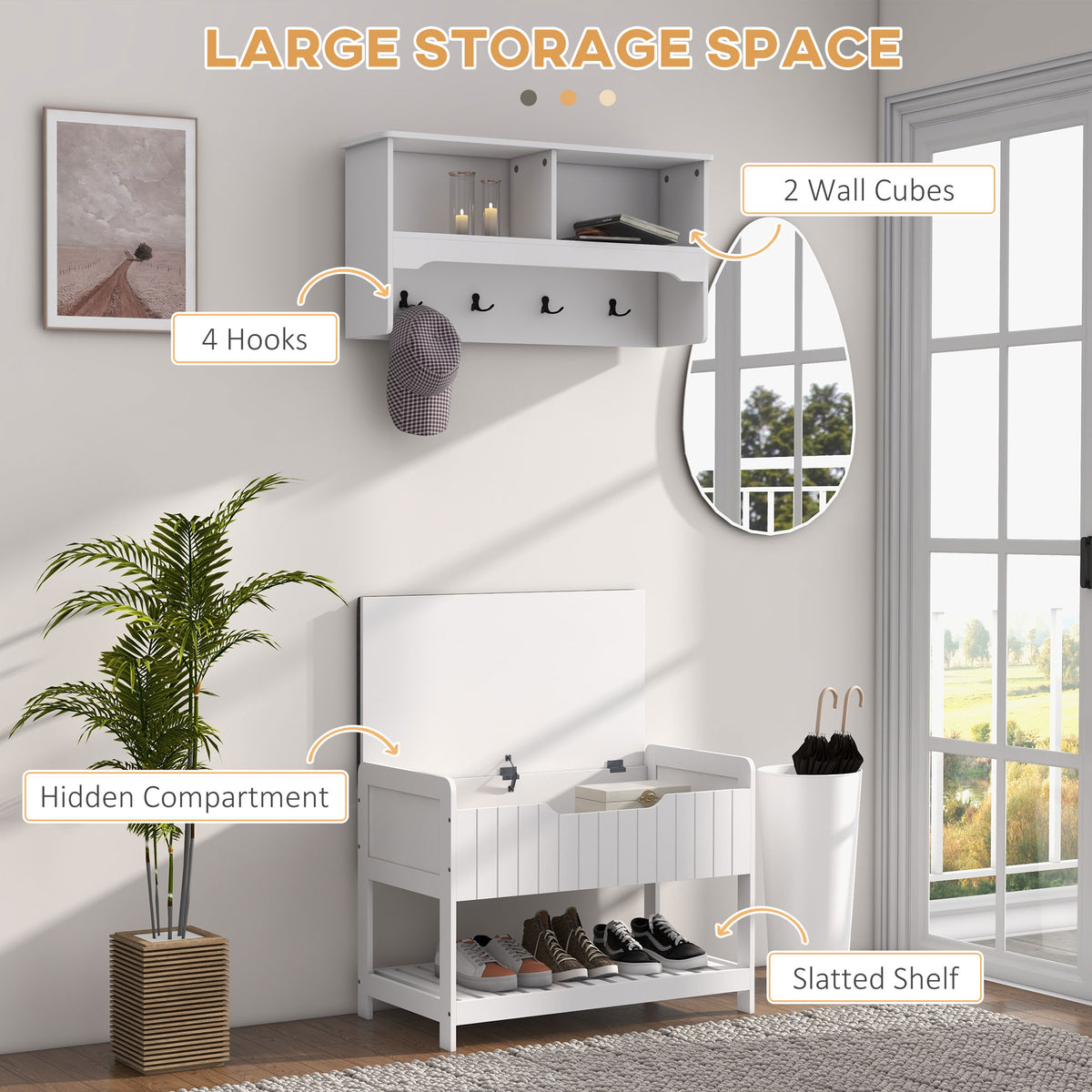 Wall Mounted Coat Rack with Shoe Storage Bench, Hall Tree and Bench, Clothes Hanger Rack with Shelves for Hallway White