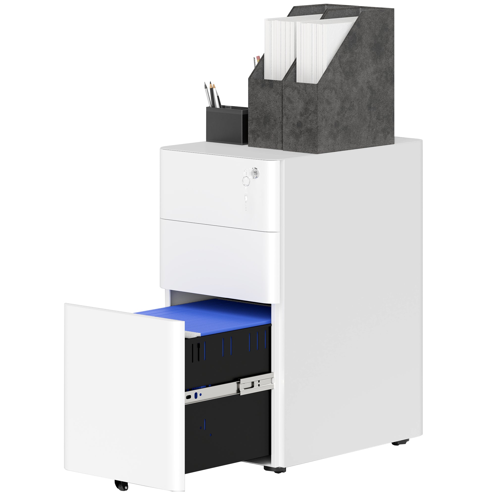 3 Drawer Filing Cabinet, Lockable Steel Office Storage Cabinet with Hanging Bar for Letter, A4, Legal Files, White