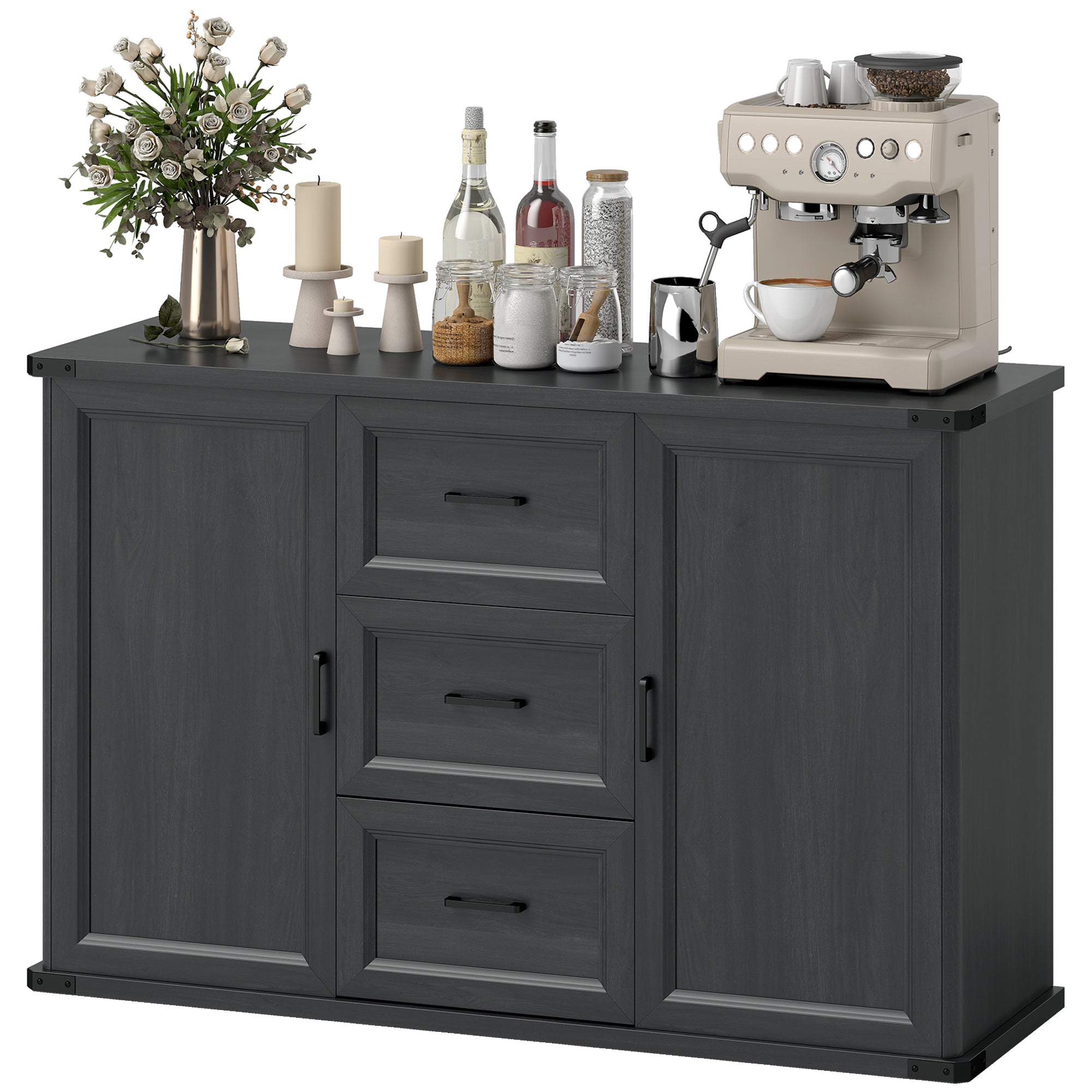 Sideboard with 3 Drawers and 2 Doors, 47" Buffet Cabinet with Adjustable Shelves for Kitchen, Black Wood Grain