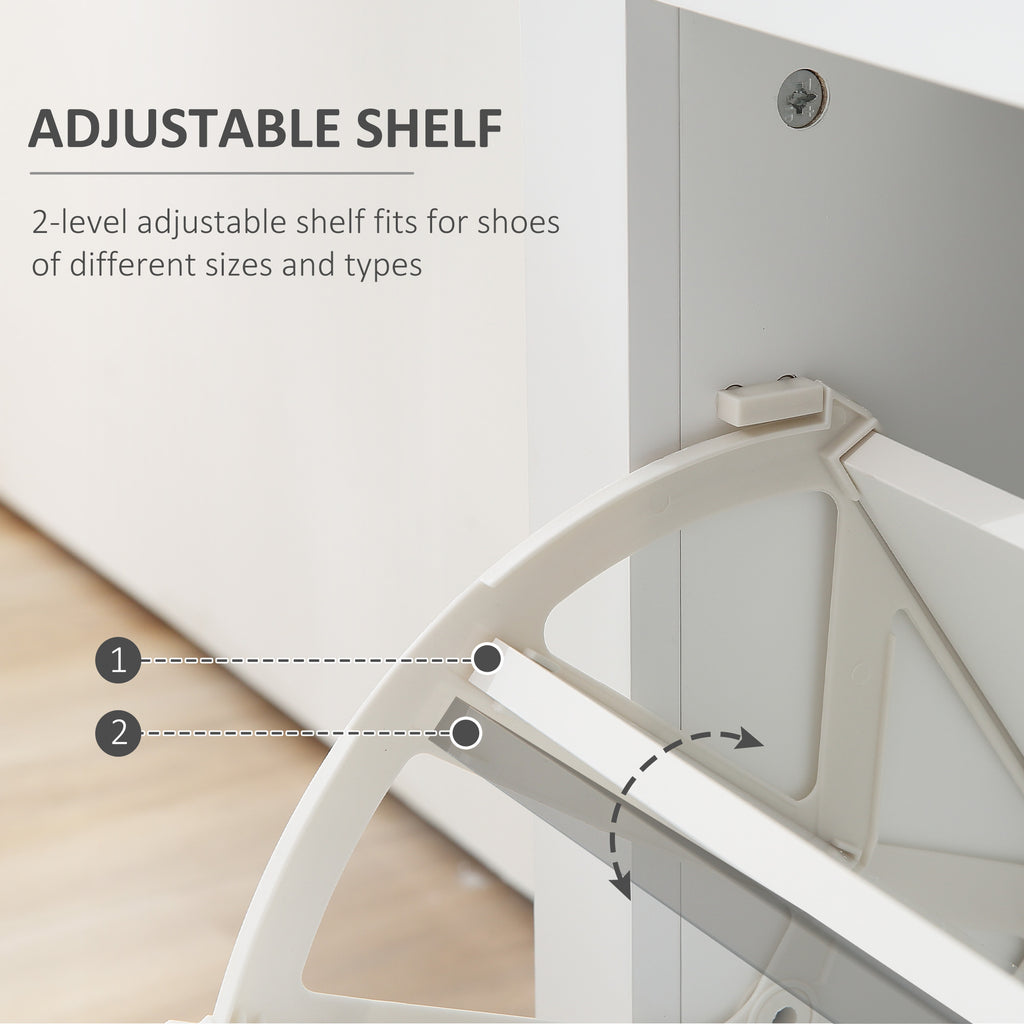 High Gloss Shoe Cabinet with 2 Flip Drawers and Adjustable Shelves, Narrow Shoe Storage Cabinet with Glass Top, White