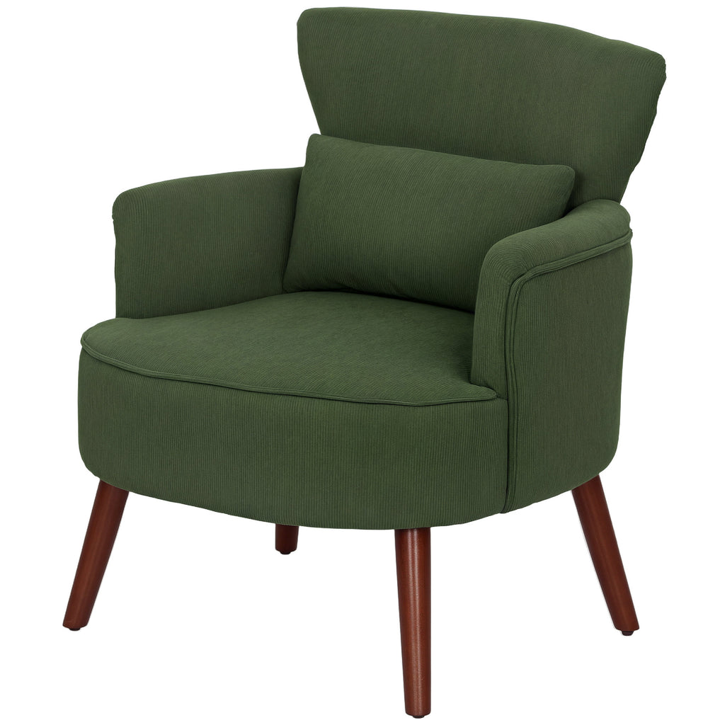 Modern Accent Chair, Upholstered Armchair with Solid Wood Legs and Lumbar Pillow for Living Room, Green