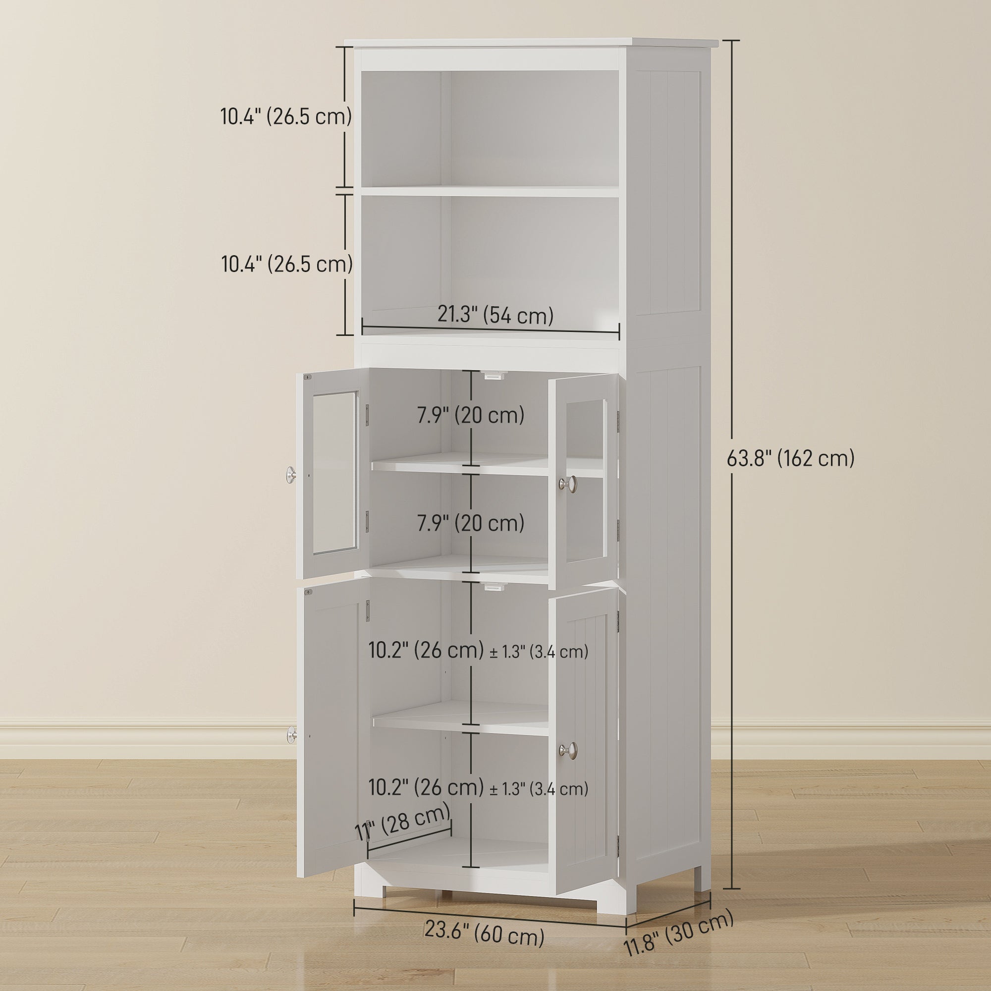 63" Small Buffet with Hutch, 4-Door Kitchen Pantry, Freestanding Storage Cabinet with Adjustable Shelf for Dining Room, Living Room, White