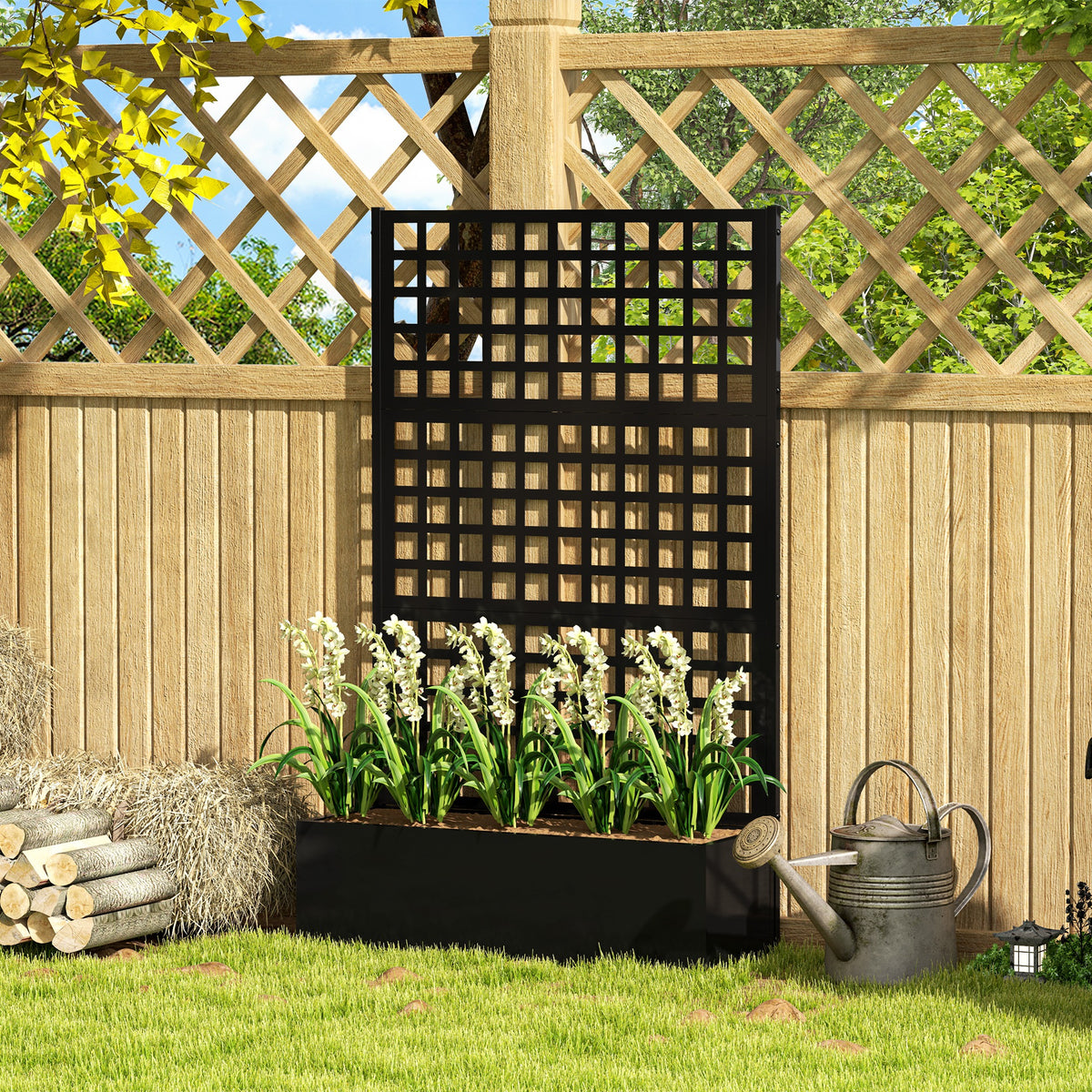Galvanized Raised Garden Bed Planter Box with Trellis for Climbing Plants, Vegetable, Vines, 35" x 16" x 70", Black