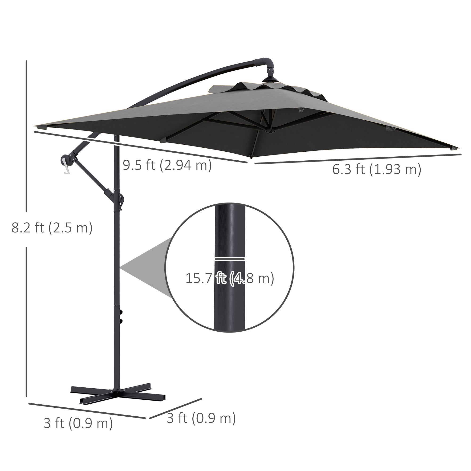 3(m) patio offset umbrella, with Cross Base - Dark Grey