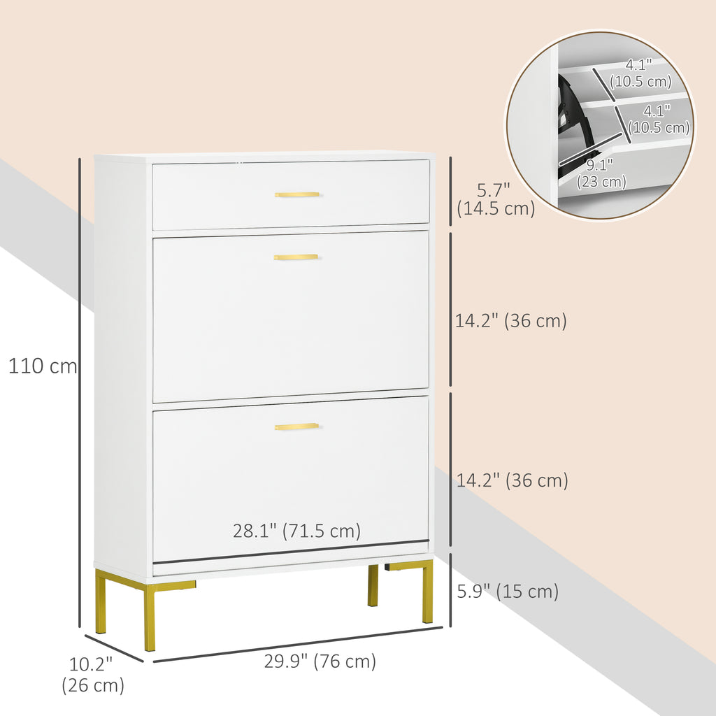 Modern Shoe Cabinet Storage 12 Pair Shoe Organizer with 2 Flip Doors Drawer and Adjustable Shelf White