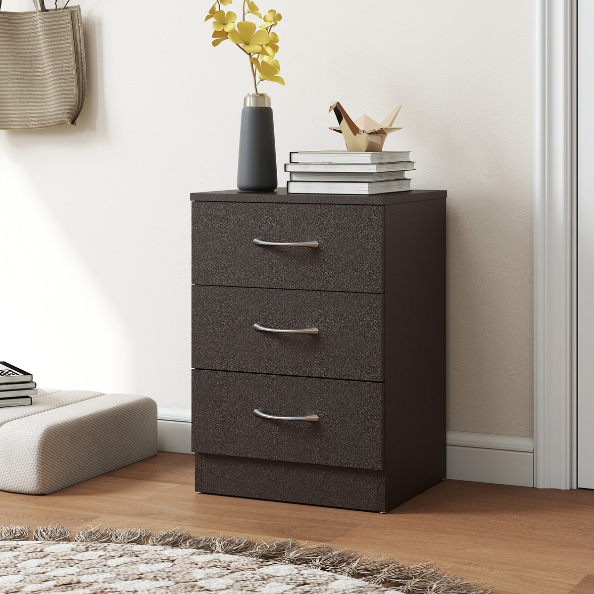 Bedside Table, Modern Night Stand with 3 Drawers and Metal Rail for Bedroom, Dark Brown