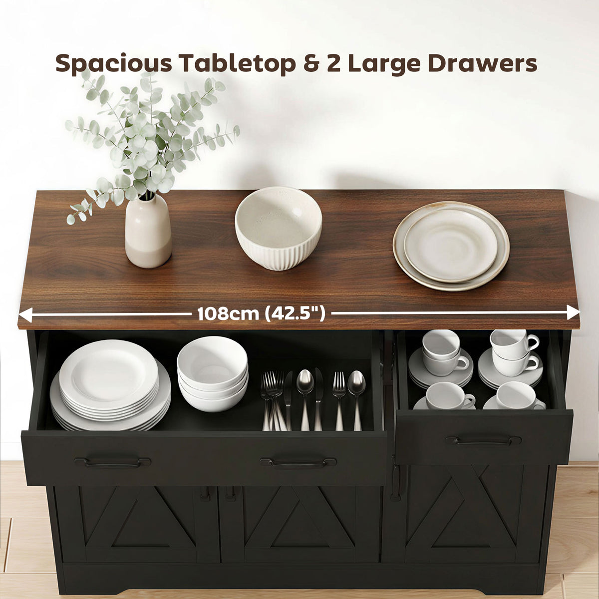 Sideboard Buffet Cabinet, 55" Farmhouse Kitchen Cabinet with 4 Barn Doors, 3 Drawers, 3 Adjustable Shelves, White